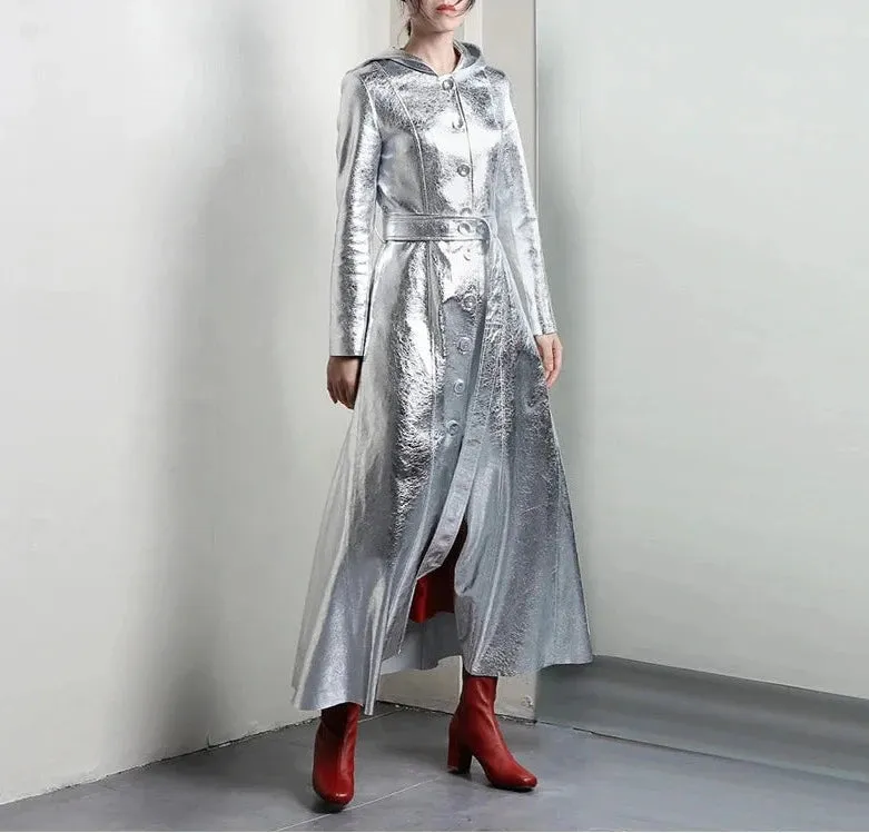 Elegant Silver Metallic Long Trench Coat