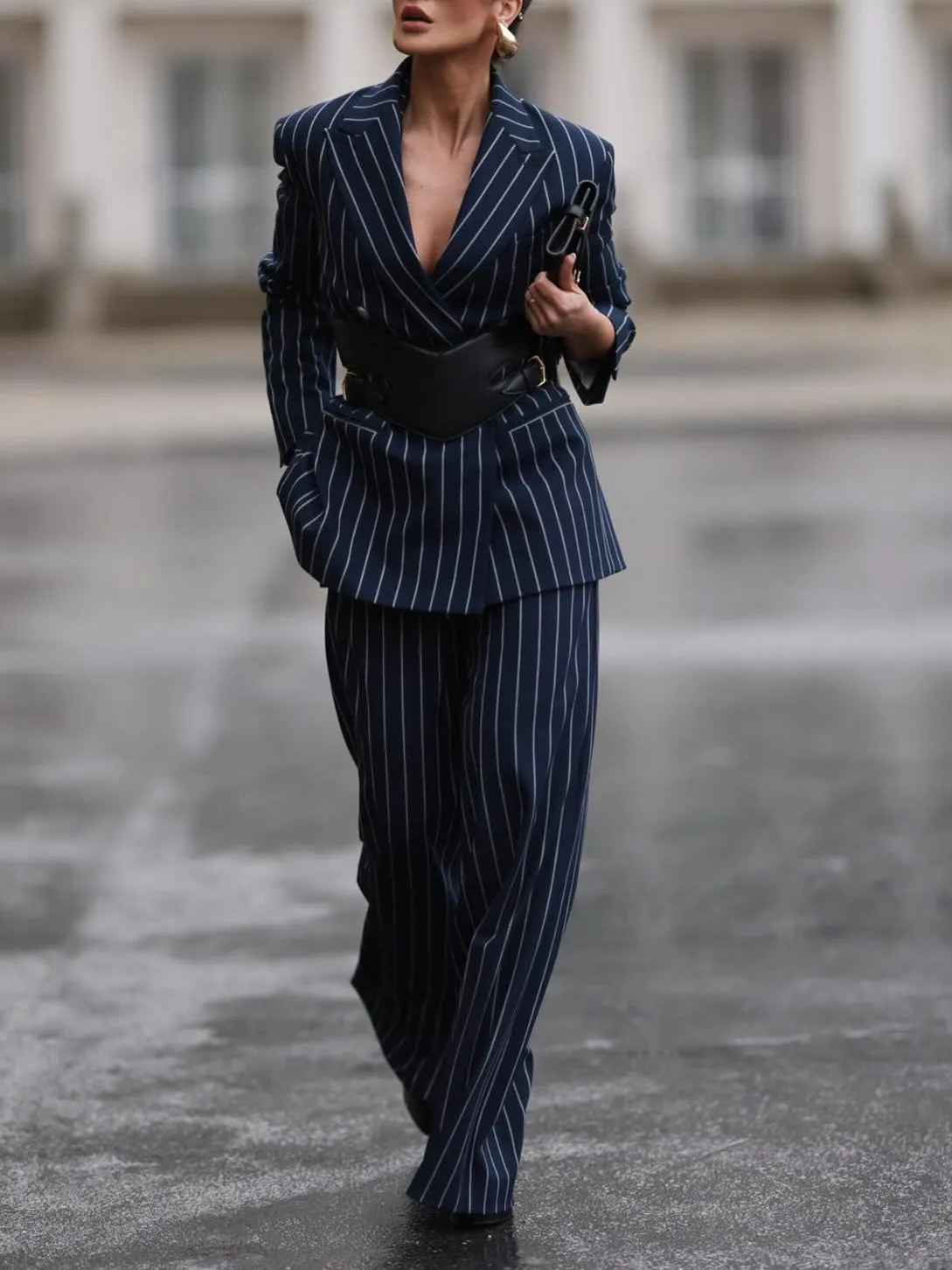 Elegant Striped Blazer & High Waist Pants Set