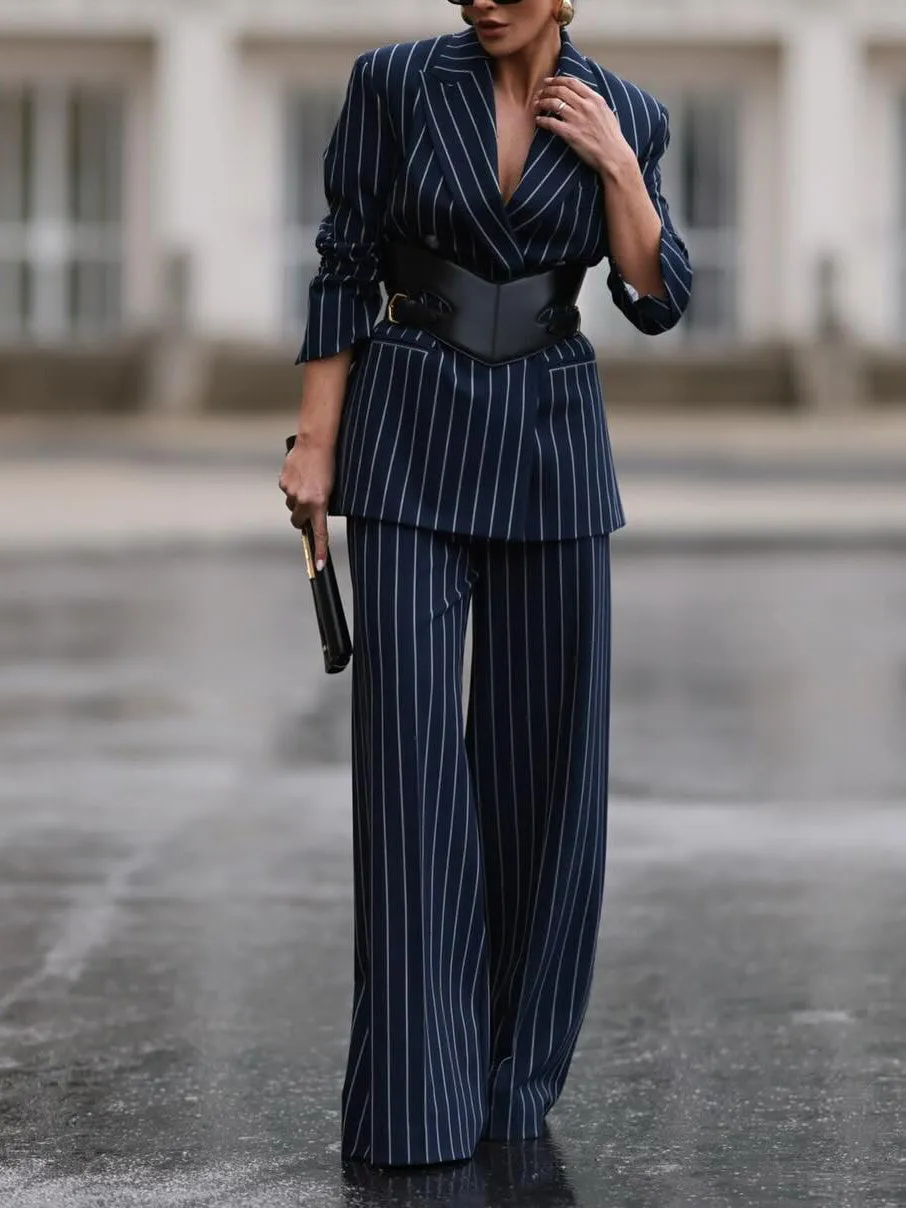 Elegant Striped Blazer & High Waist Pants Set