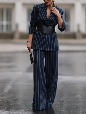 Elegant Striped Blazer & High Waist Pants Set