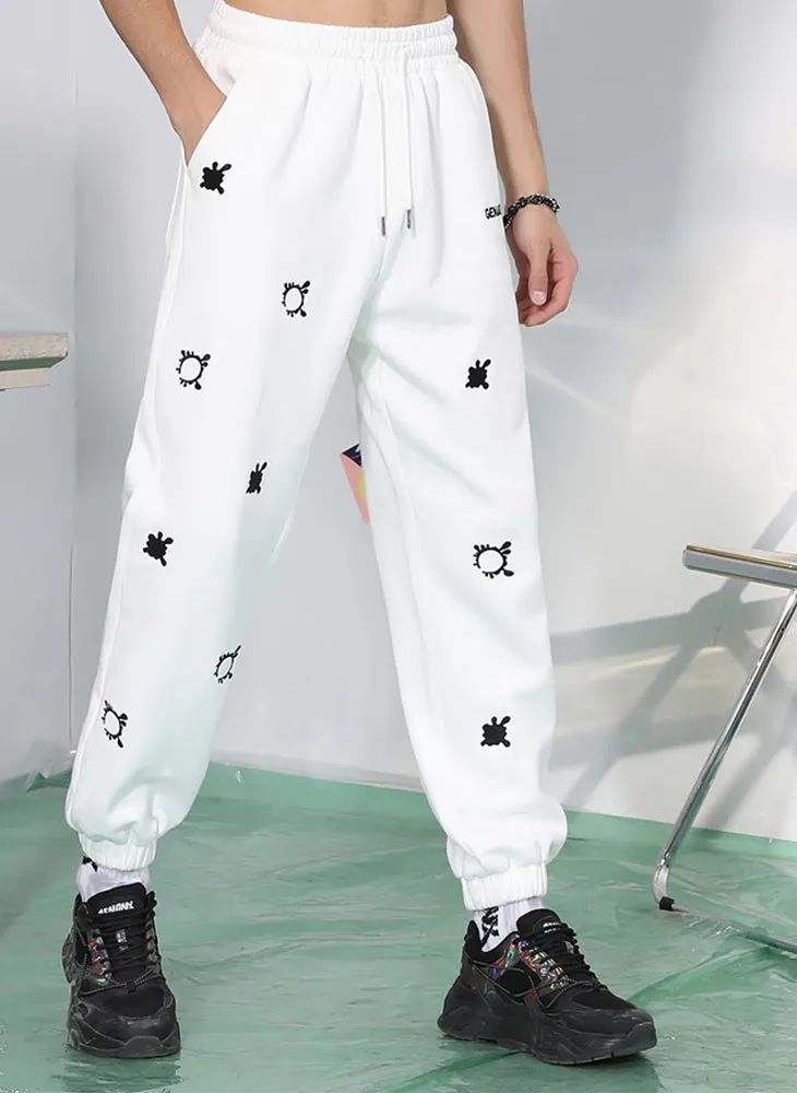 Embroidery Drawstring Elastic Waist Loose Sporty Pants