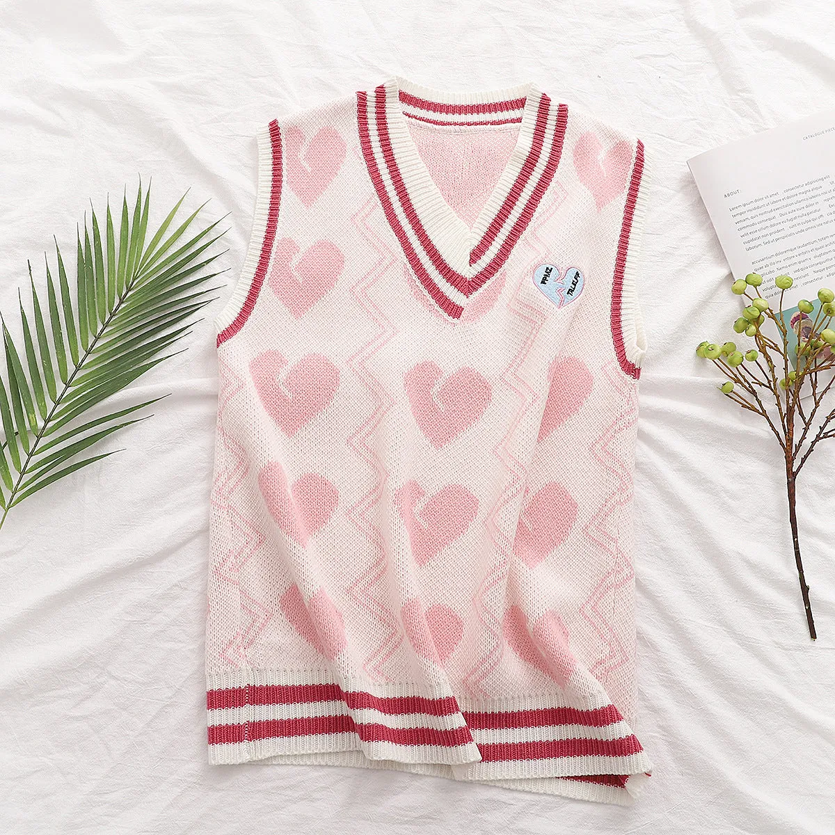 Embroidery heart lovely sleeveless sweater V-neck knitted vest kawaii college style pullover outfit