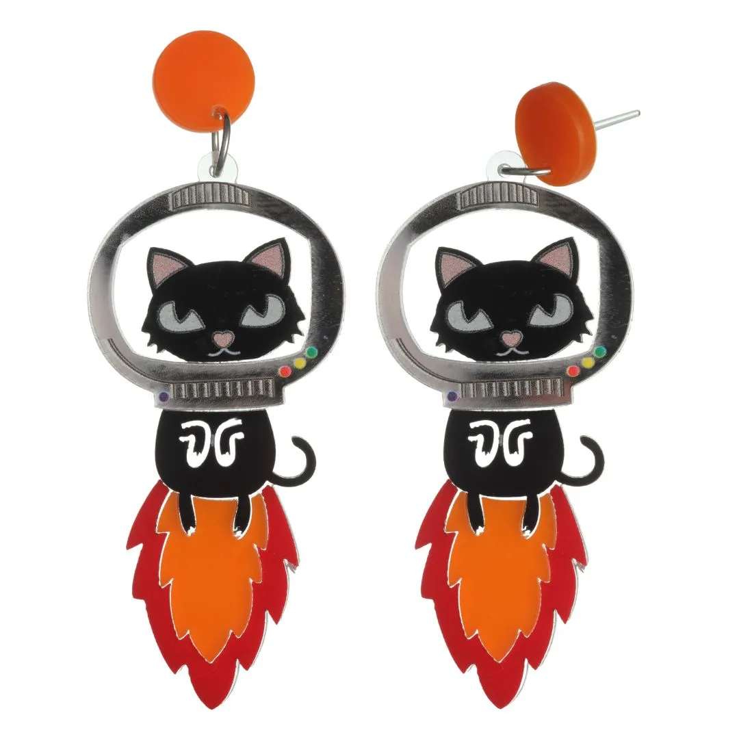 Exaggerated Astronaut Cat Dangles Hypoallergenic Earrings for Sensitive Ears Made with Plastic Posts