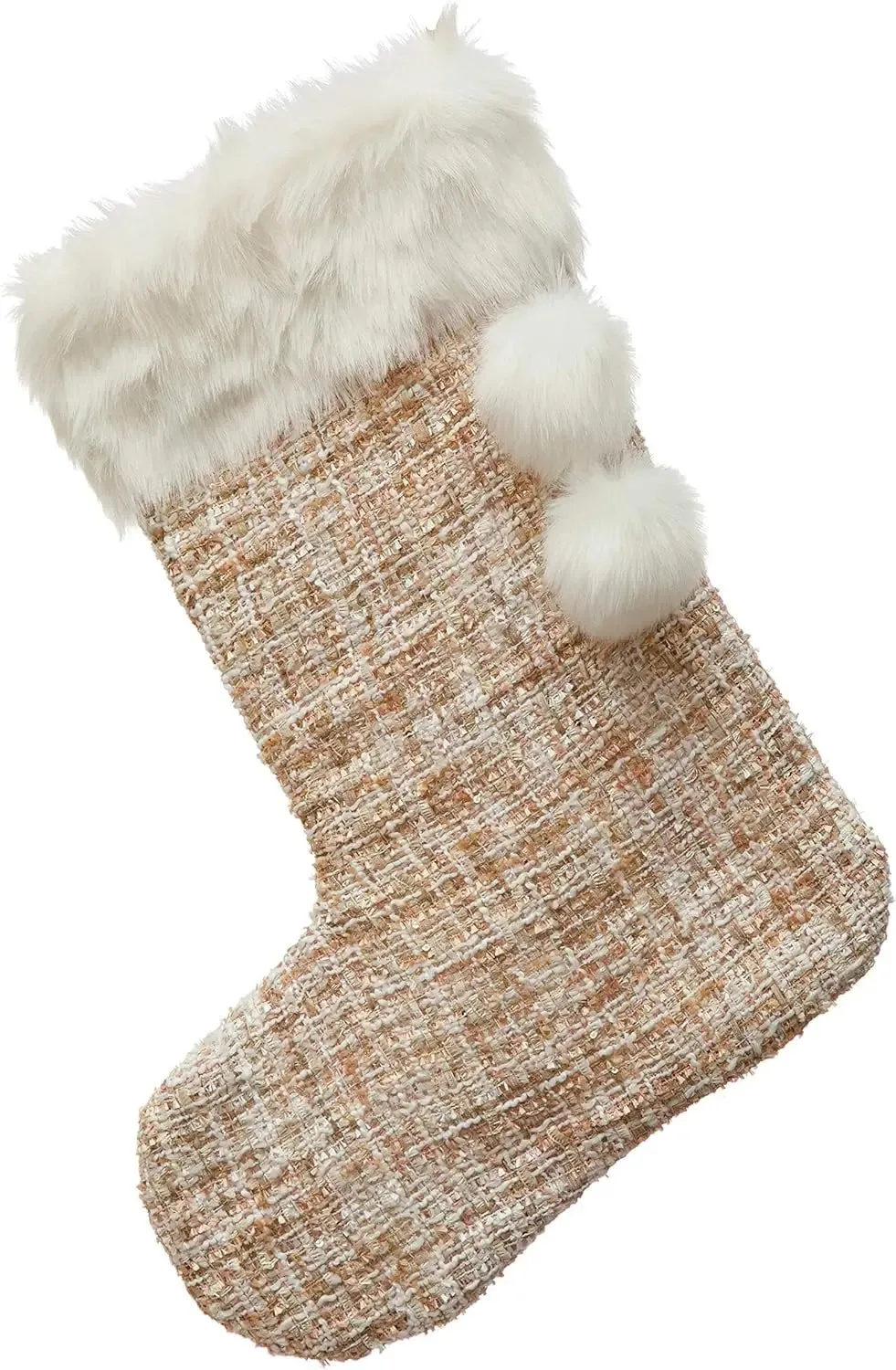 FABRIC BOUCLÉ STOCKING W/FAUX FUR TRIM POMS, PINK & WHITE TEXTILES