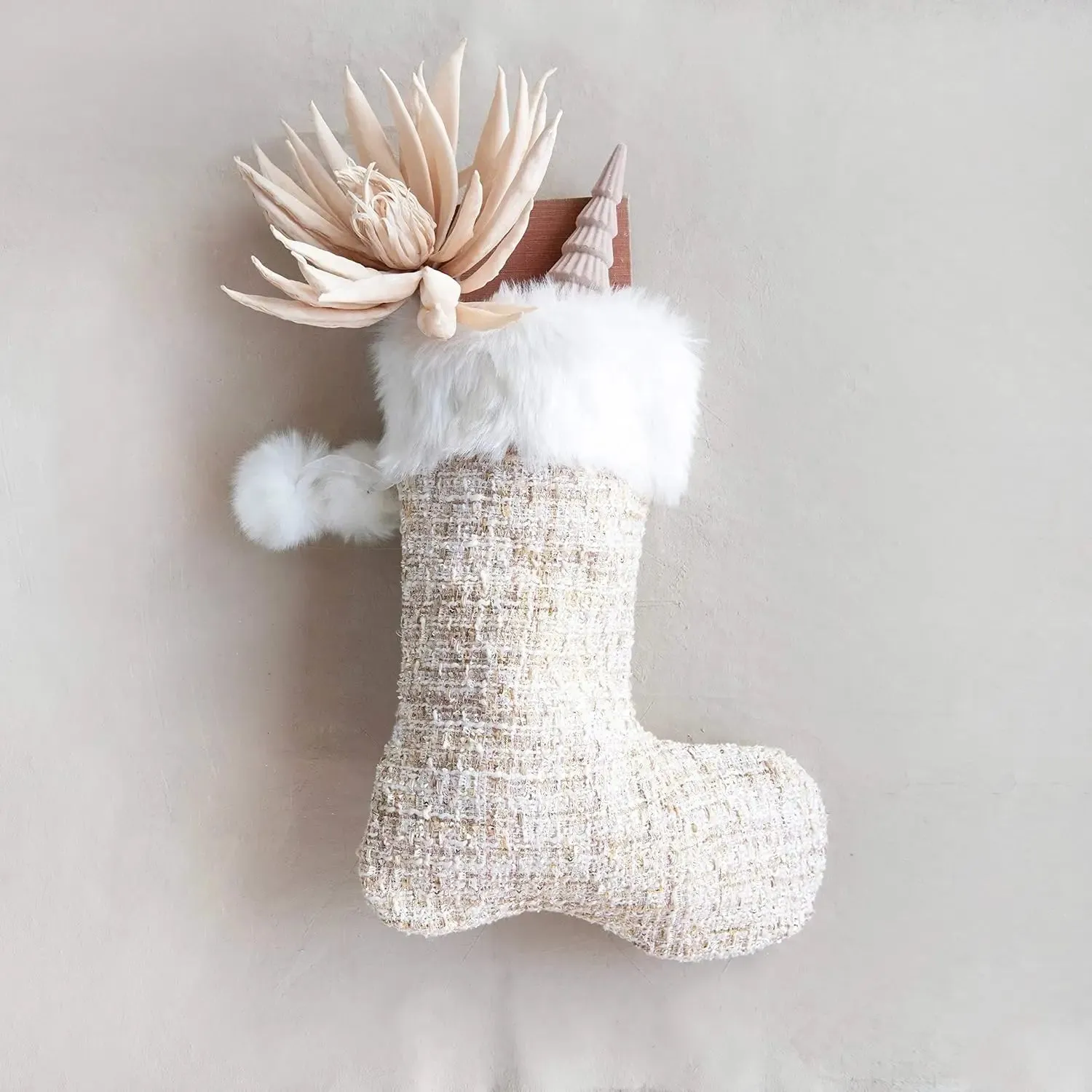 FABRIC BOUCLÉ STOCKING W/FAUX FUR TRIM POMS, PINK & WHITE TEXTILES