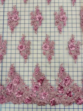 Fancy Lace - 52-inches Wide 3D Flowers Beaded Embroidered Dusty Mauve