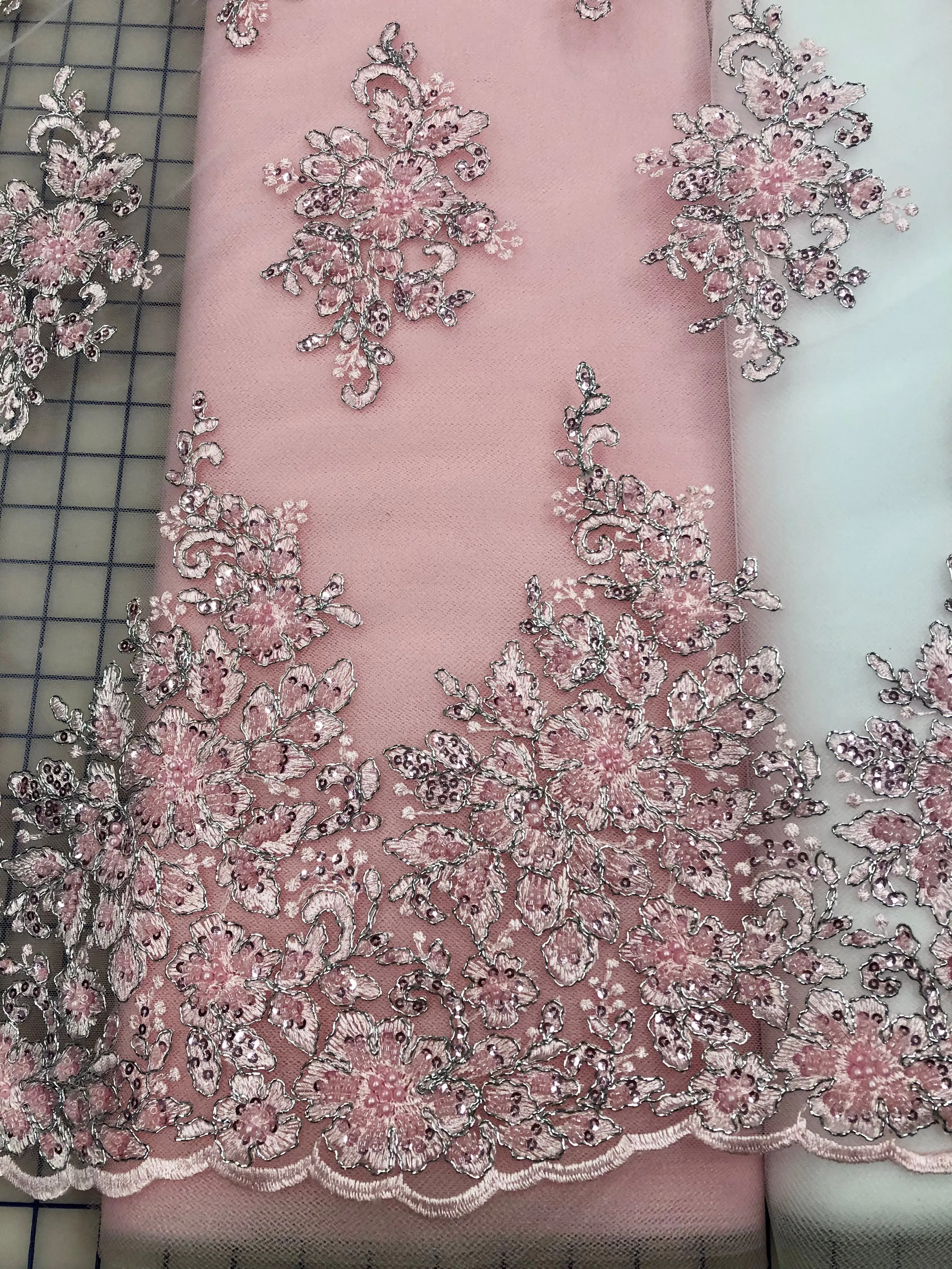 Fancy Lace - 52-inches Wide Metallic Silver-Corded Beaded Embroidered Pink