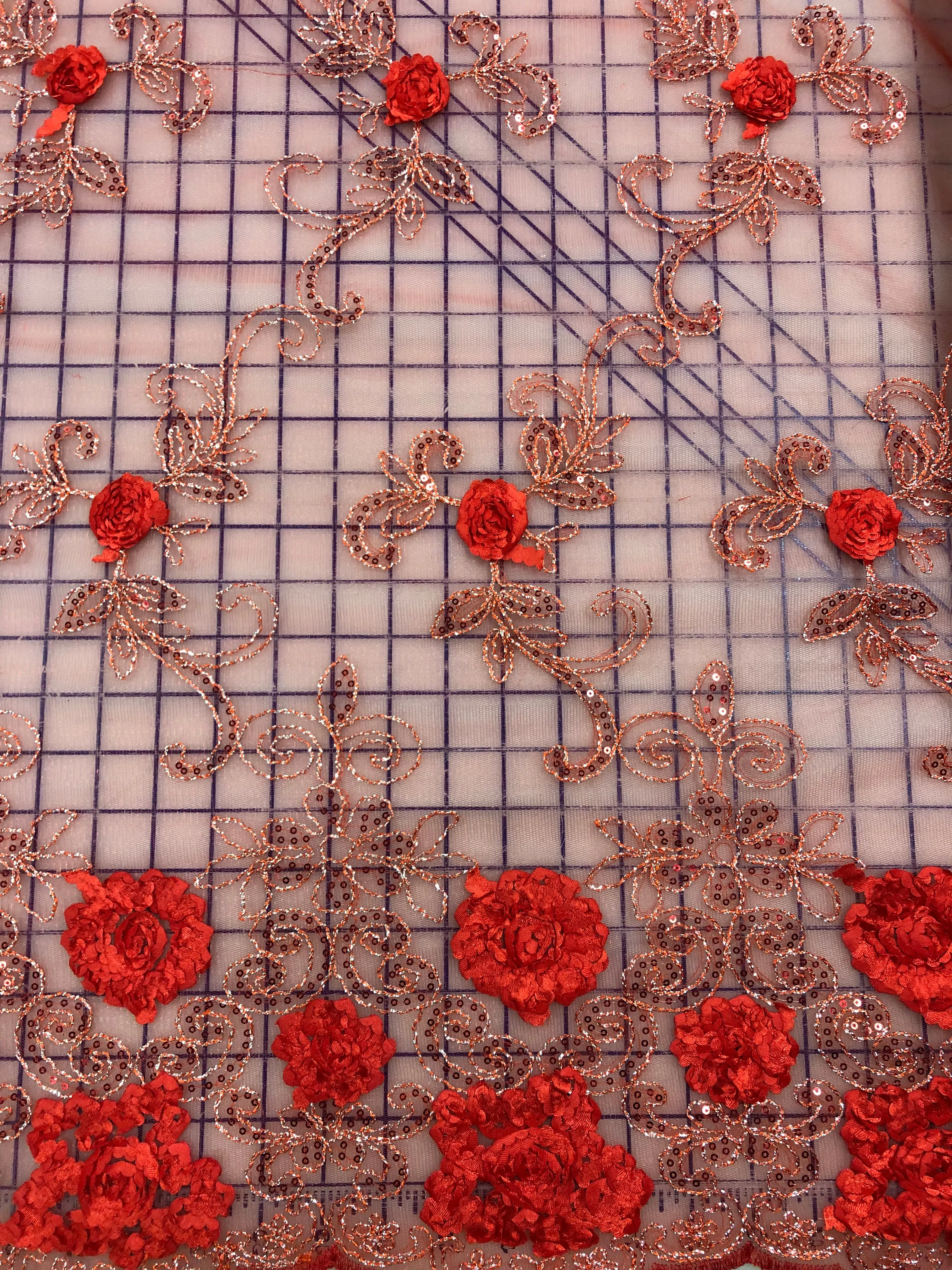 Fancy Lace - 52-inches Wide Sequined Red with Metallic Silver and 3D Flowers