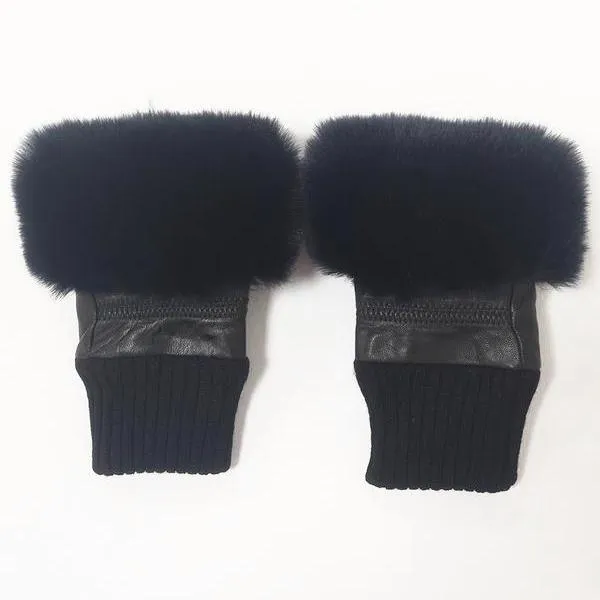 Fingerless Black Gloves with Navy Blue Faux Fur Trim