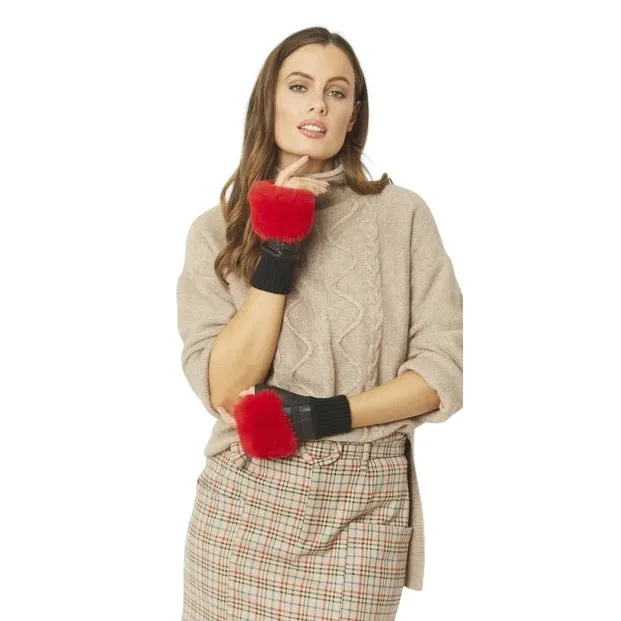 Fingerless Black Leather Gloves with Faux Fur Red Trim