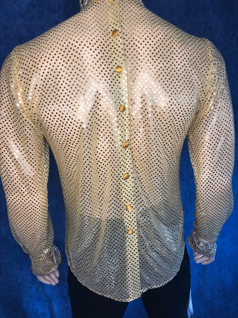 Formal Sequined Knit Men’s Shirt With Detachable Jabot in S M L XL 2XL 3XL