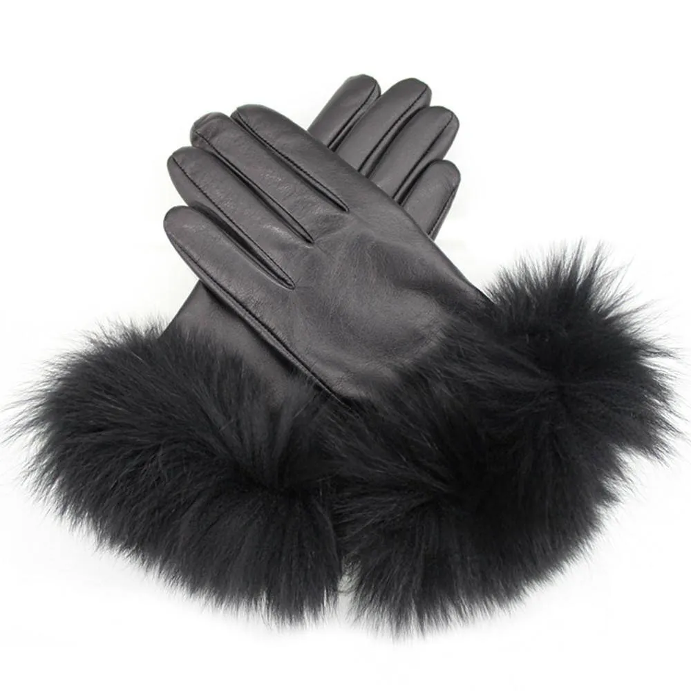 Fox Fur & Leather Touch Screen Glove-Black