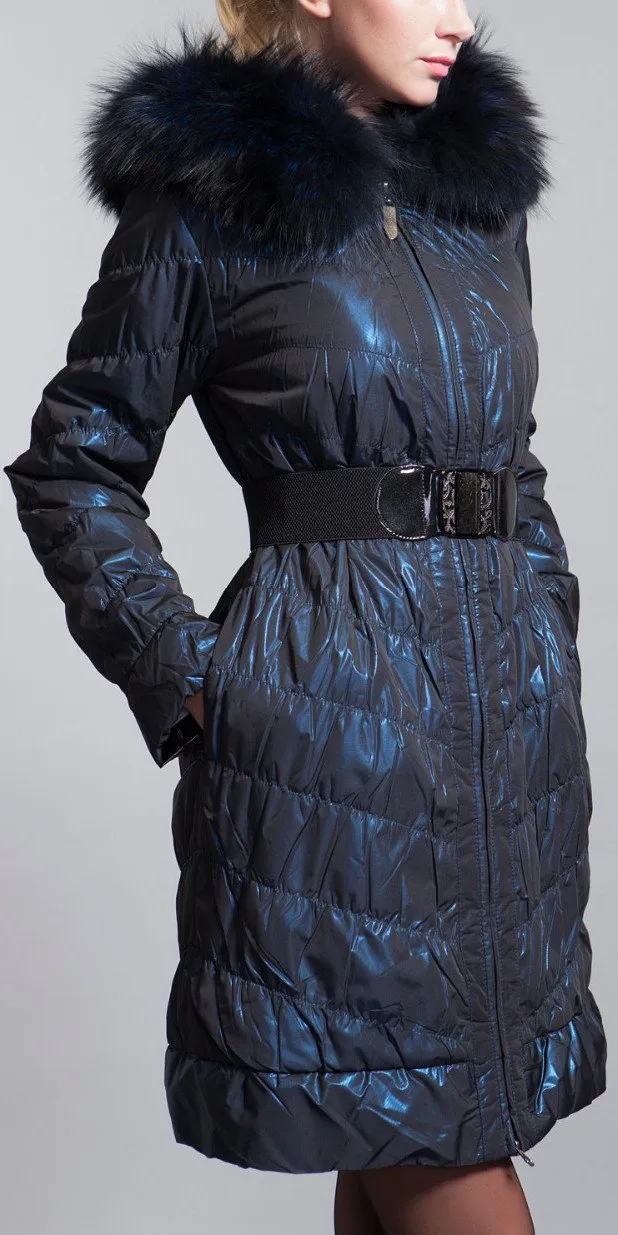 Fur-Hooded Paneled Down Coat, Blue