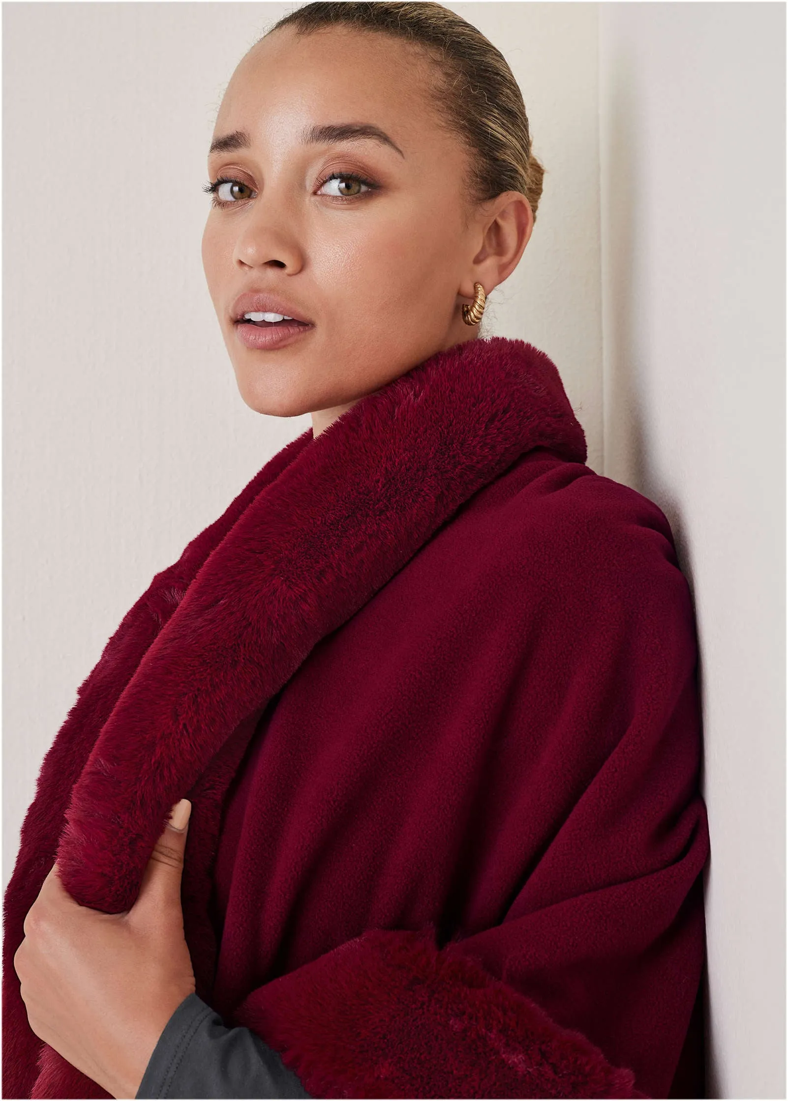 Fur Trim Wrap Shawl - Red