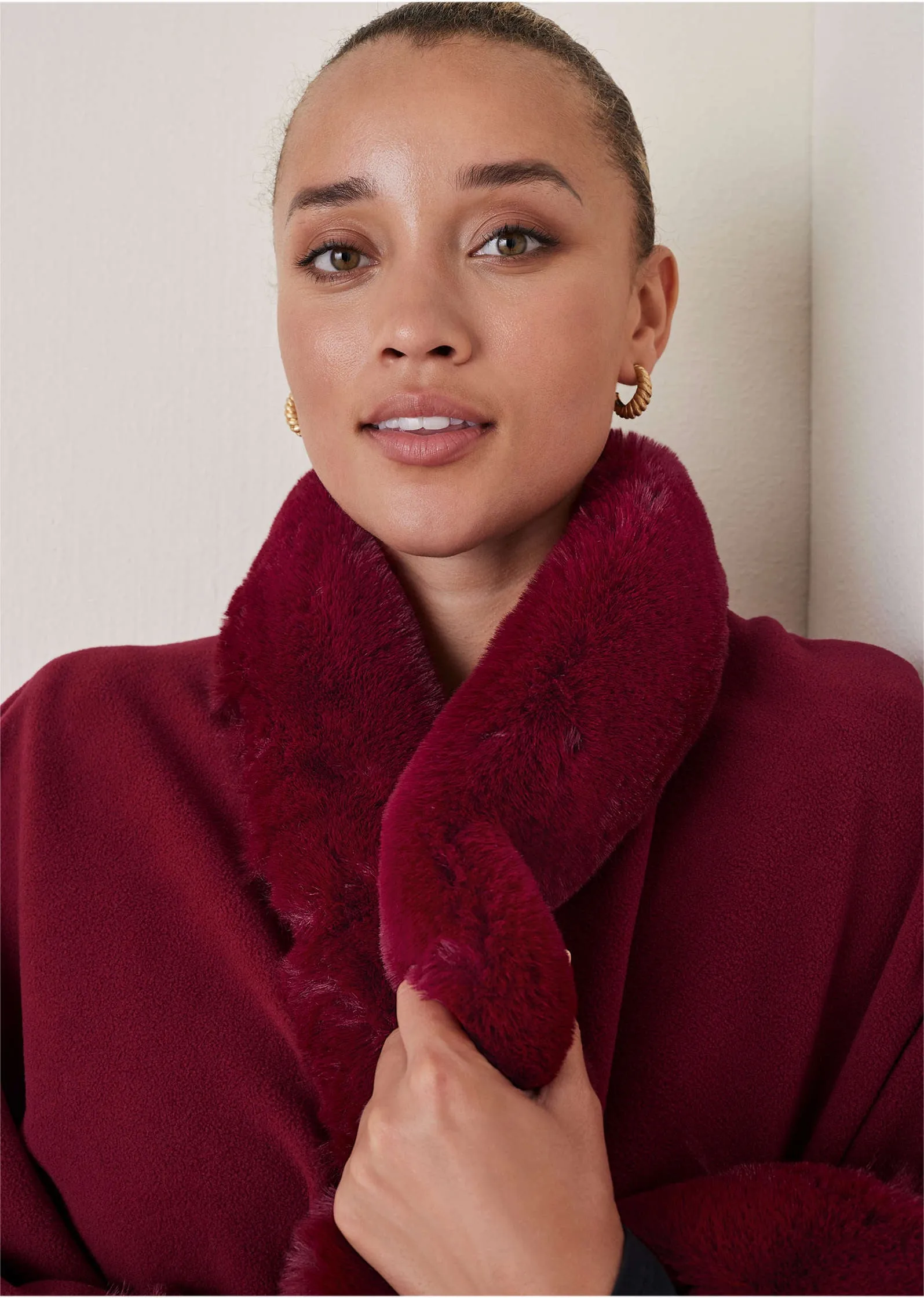 Fur Trim Wrap Shawl - Red