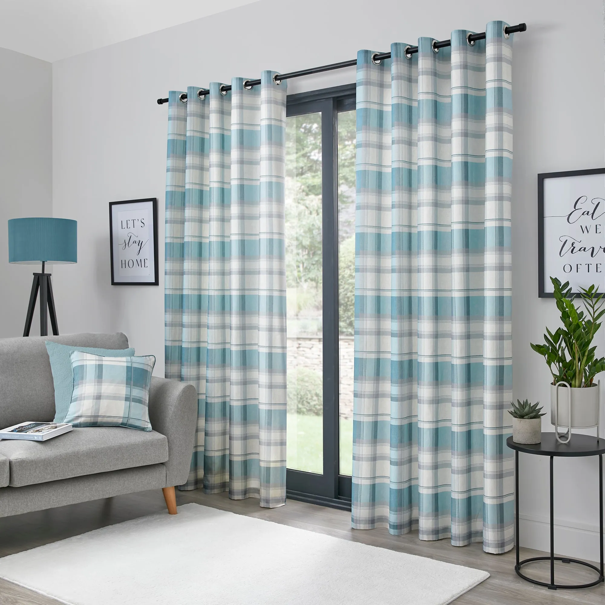 Fusion Balmoral Check Eyelet Curtains  - Duck Egg