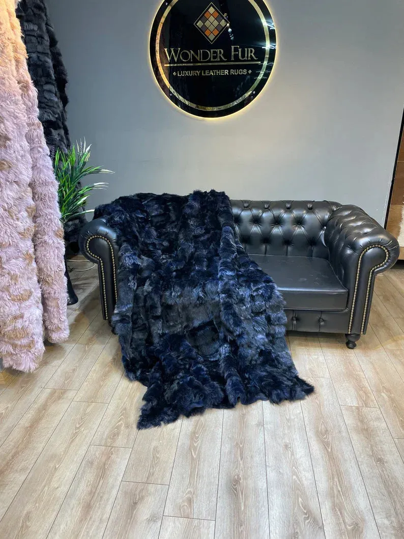 Genuine Navy Blue Throw King Size Blanket, Ultra Soft Natural Sheepskin Fur Throw