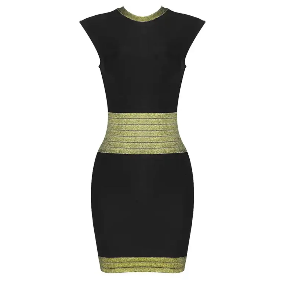 Gold Trimmed Round Neck Bodycon Bandage Dress