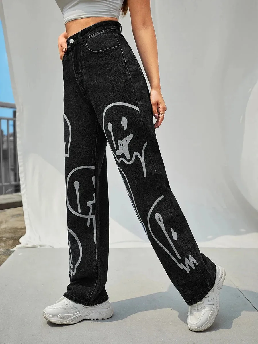 Gothic Ghost Cartoon Face Vintage Wash Baggy Pant