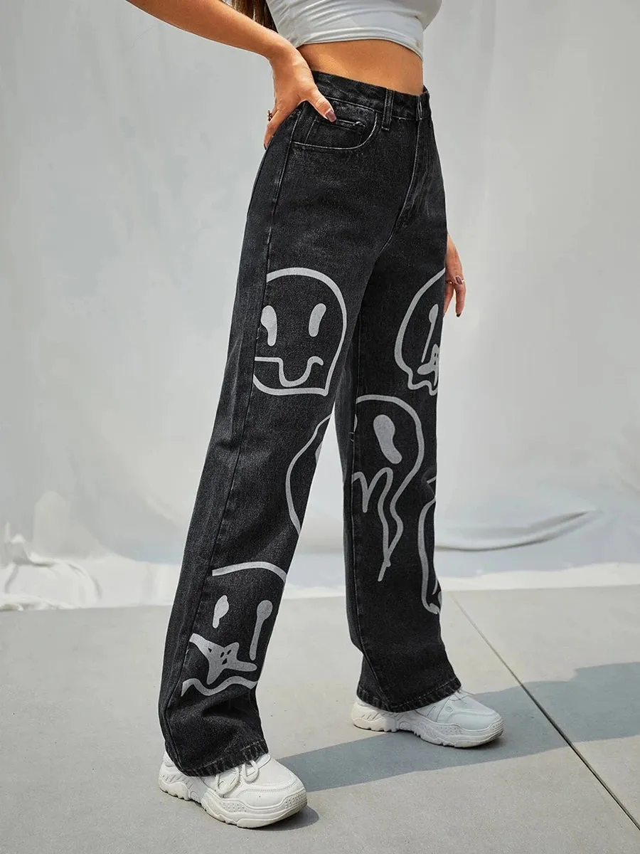 Gothic Ghost Cartoon Face Vintage Wash Baggy Pant