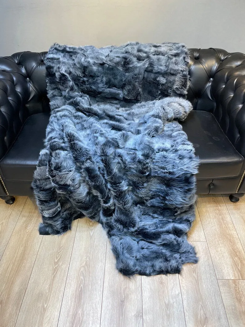 Gray Natural Fur Handmade Sheepskin Patchwork Blanket, Cozy Shaggy Real Fur Throw