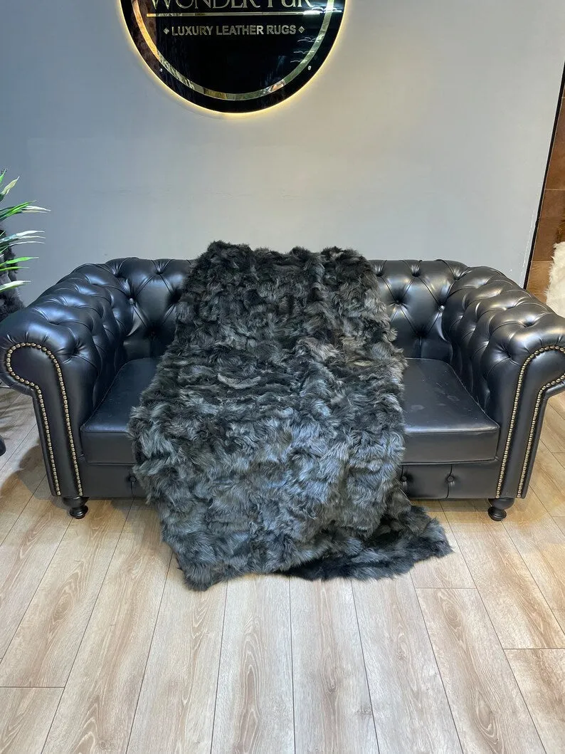 Green Real Sheepskin Fur Blanket, Luxury King Size Shaggy Handmade Natural Blanket