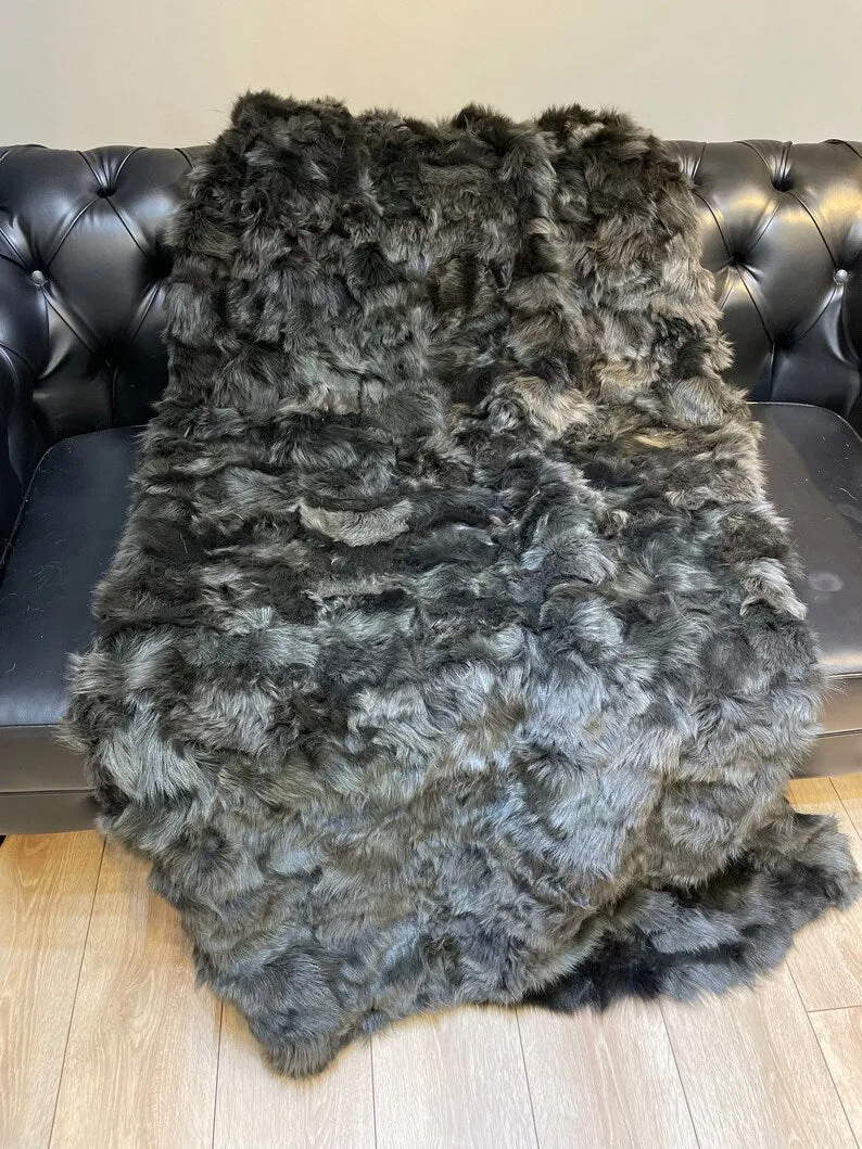 Green Real Sheepskin Fur Blanket, Luxury King Size Shaggy Handmade Natural Blanket