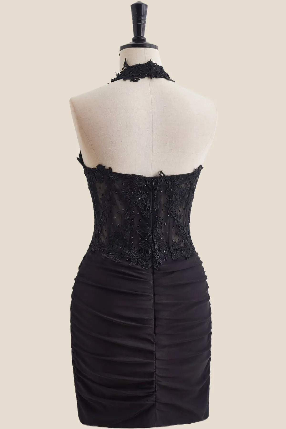 Halter Black Appliques Ruched Bodycon Short Dress