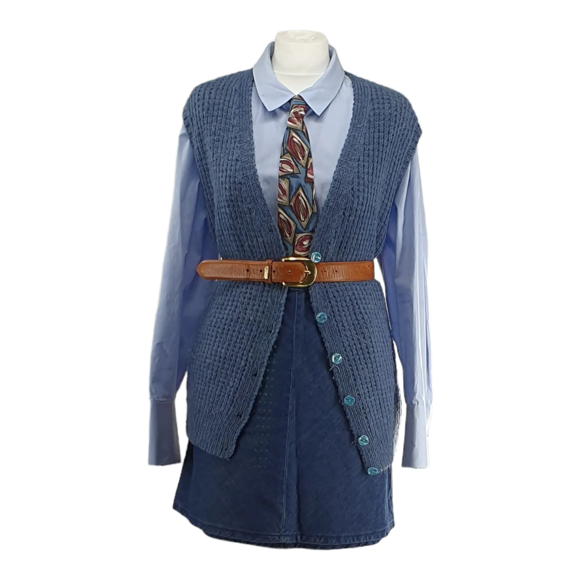 Handmade Blue wool Button up Vest - Medium Large