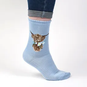 Heilan coo, Highland Cow (Blue) Women's Bamboo Crew Socks