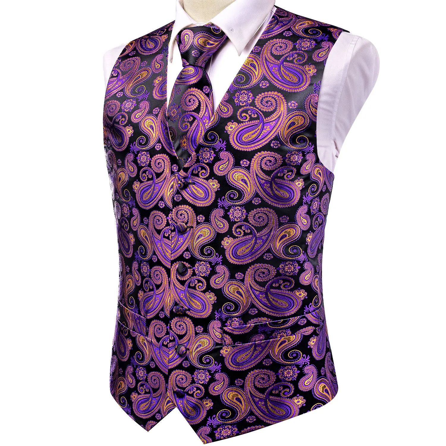 Hi-Tie Black Purple Paisley Silk Men's Vest Hanky Cufflinks Tie Set