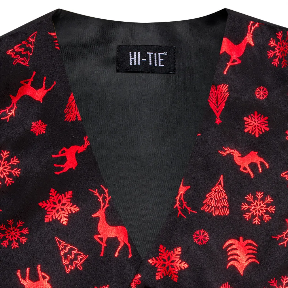 Hi-Tie Mens Waistcoat Black Red Christmas Tree Elements Vest Necktie Set