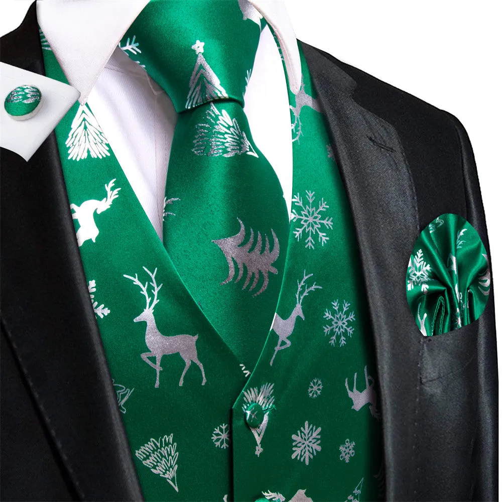 Hi-Tie Mens Waistcoat Green White Christmas Tree Elements Vest Necktie Set