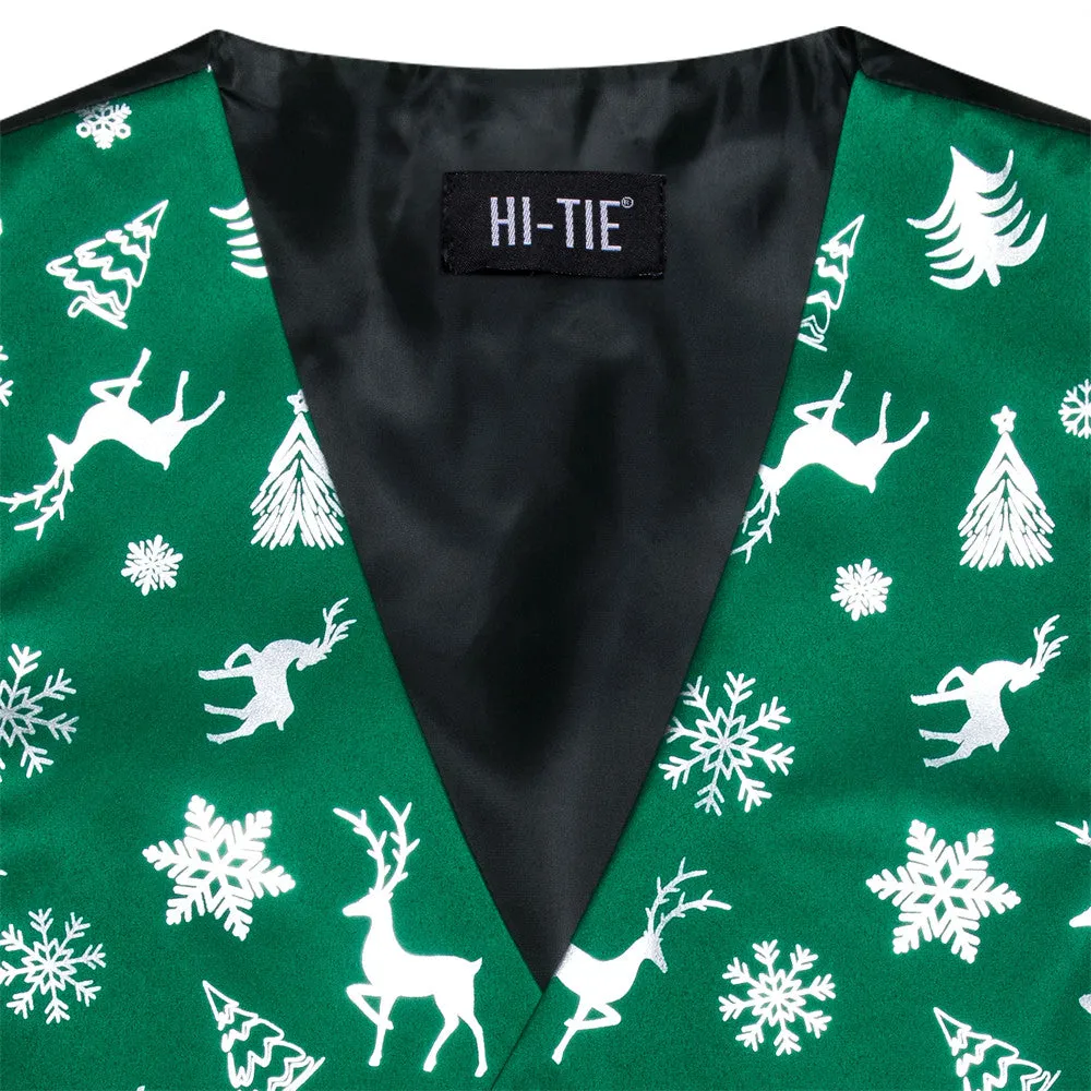 Hi-Tie Mens Waistcoat Green White Christmas Tree Elements Vest Necktie Set