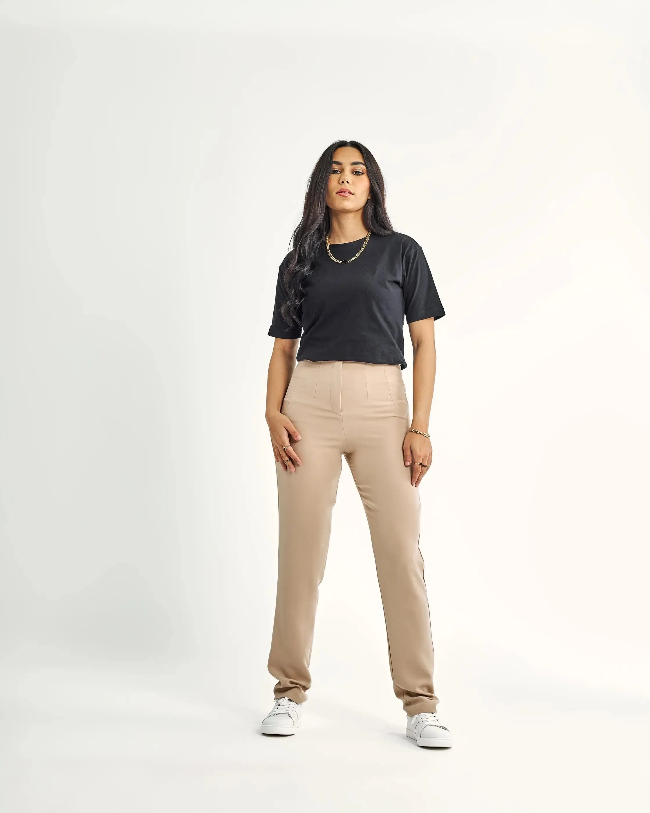 High-Waist Beige Slim-Fit Trousers.