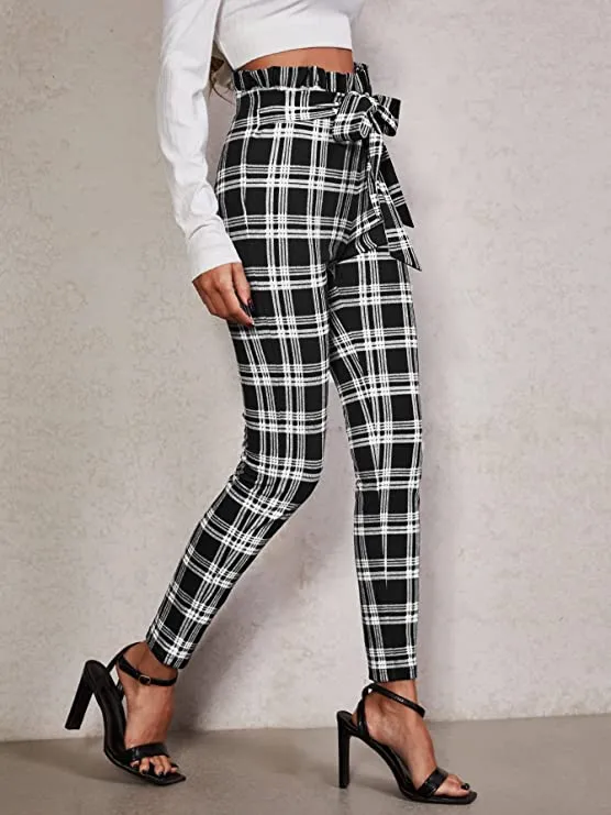 High Waist Ruffled Belted Black & Grey Plaid Paper Bag Pants