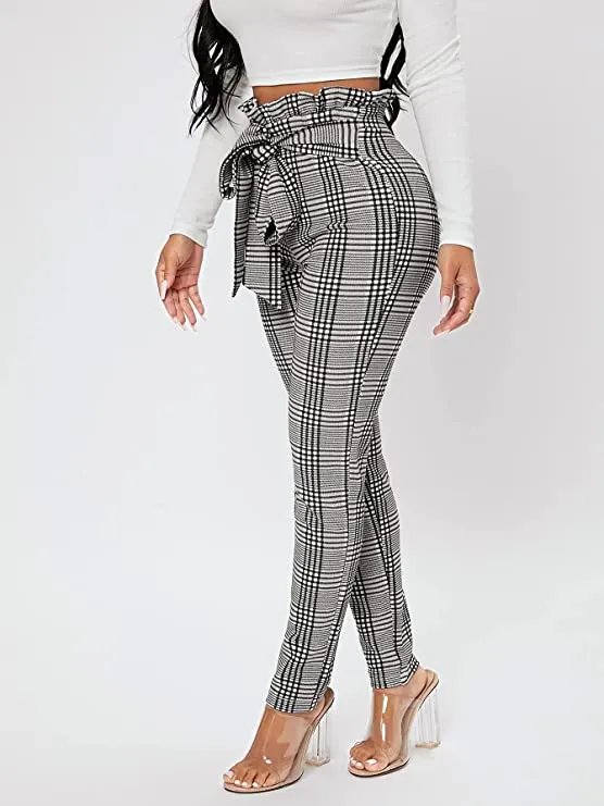 High Waist Ruffled Belted Black & Grey Plaid Paper Bag Pants