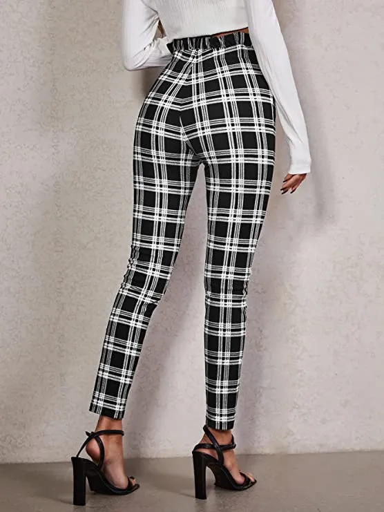 High Waist Ruffled Belted Black & Grey Plaid Paper Bag Pants