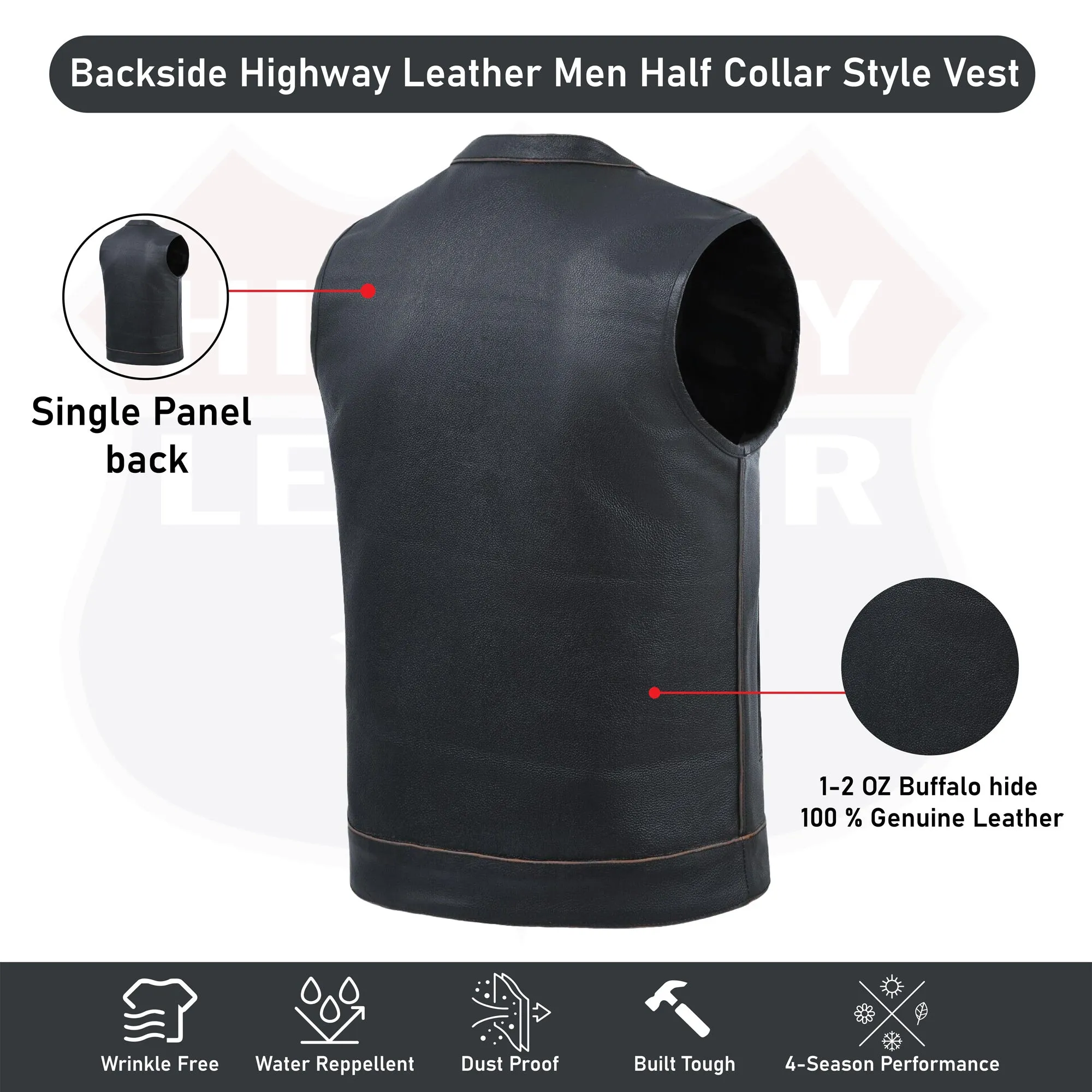 HL11689SPT SOA Men's Rub Buff Leather Vest Anarchy Motorcycle Biker Club Concealed Carry