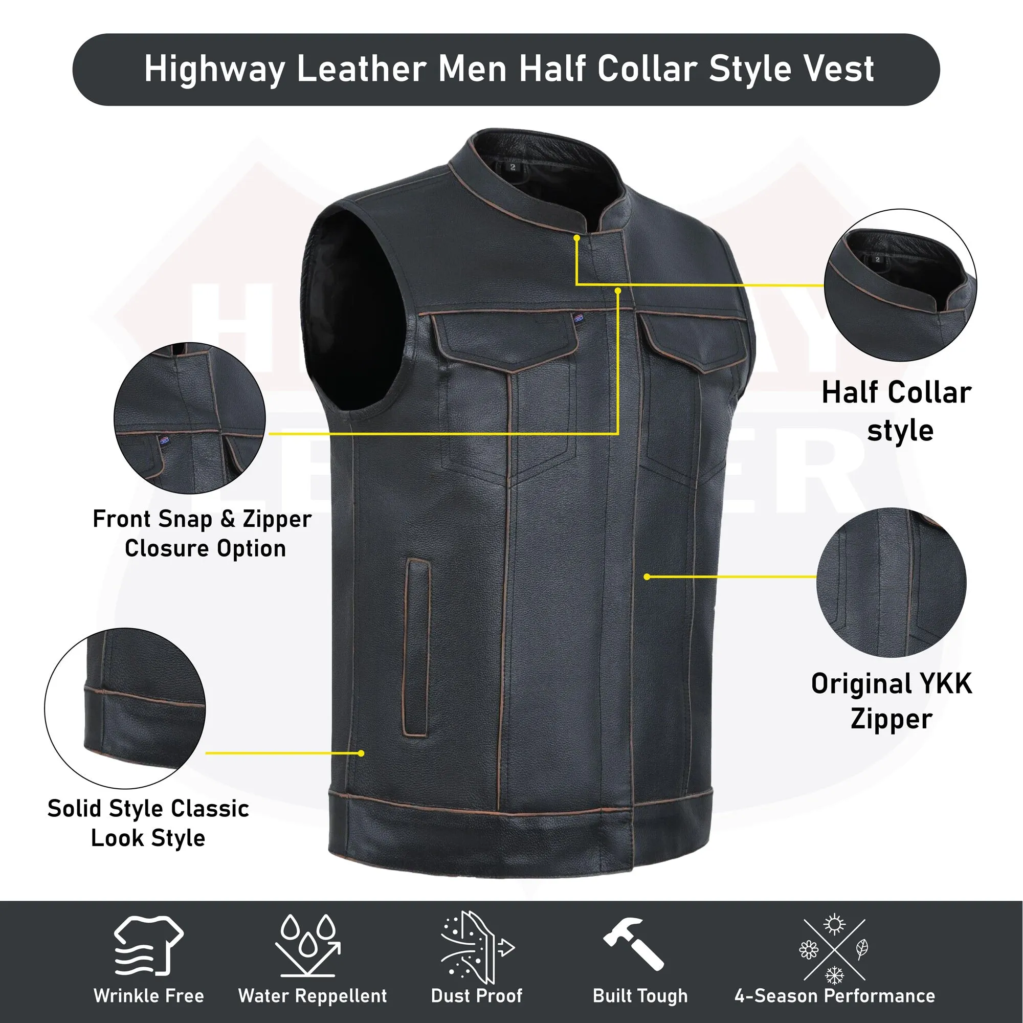 HL11689SPT SOA Men's Rub Buff Leather Vest Anarchy Motorcycle Biker Club Concealed Carry