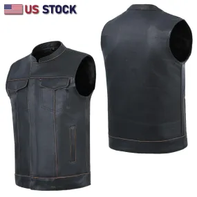 HL11689SPT SOA Men's Rub Buff Leather Vest Anarchy Motorcycle Biker Club Concealed Carry