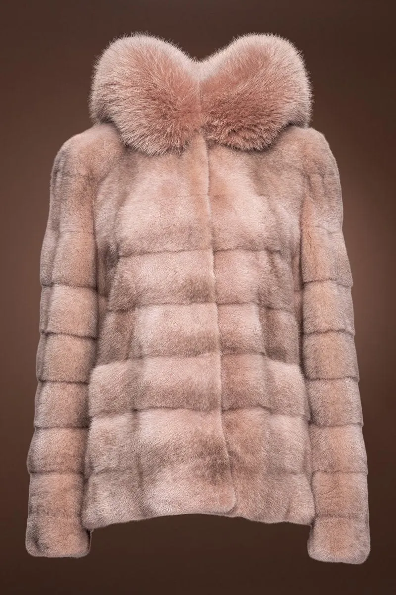 Horizontal Pink Cross Mink Fur Jacket - Pink Fox Fur Hood Trim