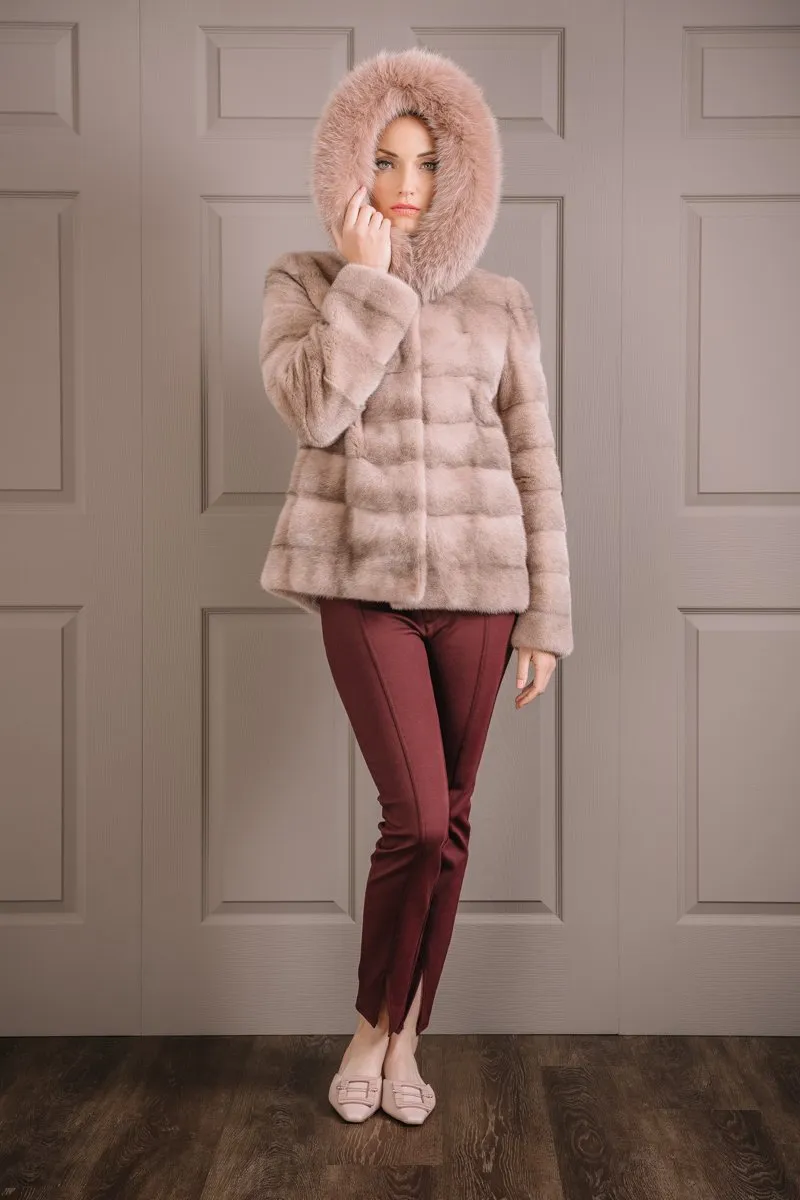 Horizontal Pink Cross Mink Fur Jacket - Pink Fox Fur Hood Trim