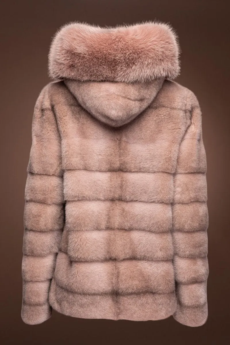 Horizontal Pink Cross Mink Fur Jacket - Pink Fox Fur Hood Trim