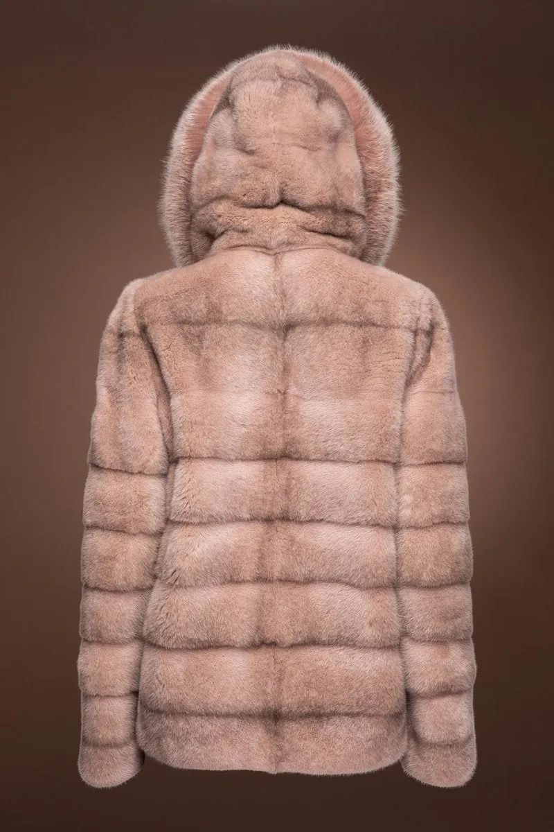 Horizontal Pink Cross Mink Fur Jacket - Pink Fox Fur Hood Trim