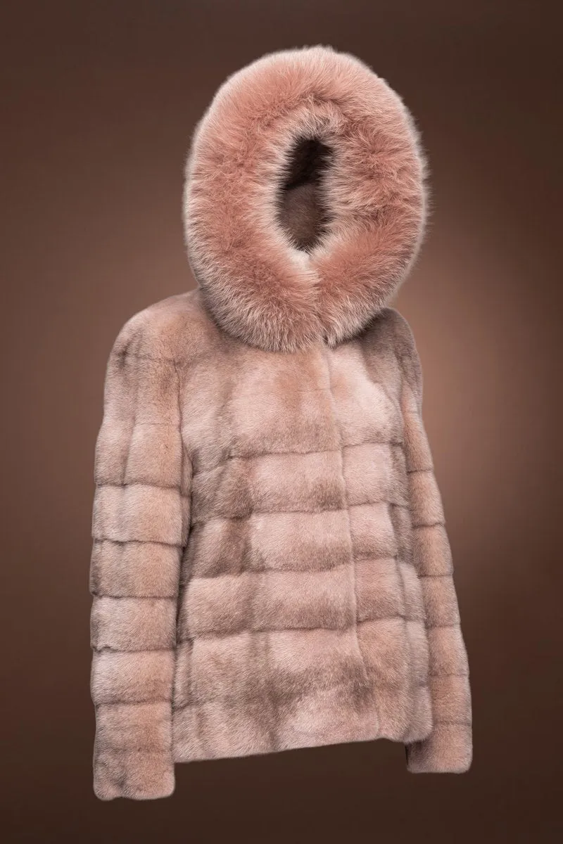 Horizontal Pink Cross Mink Fur Jacket - Pink Fox Fur Hood Trim