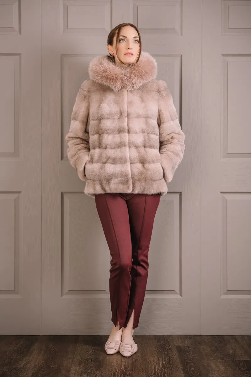 Horizontal Pink Cross Mink Fur Jacket - Pink Fox Fur Hood Trim