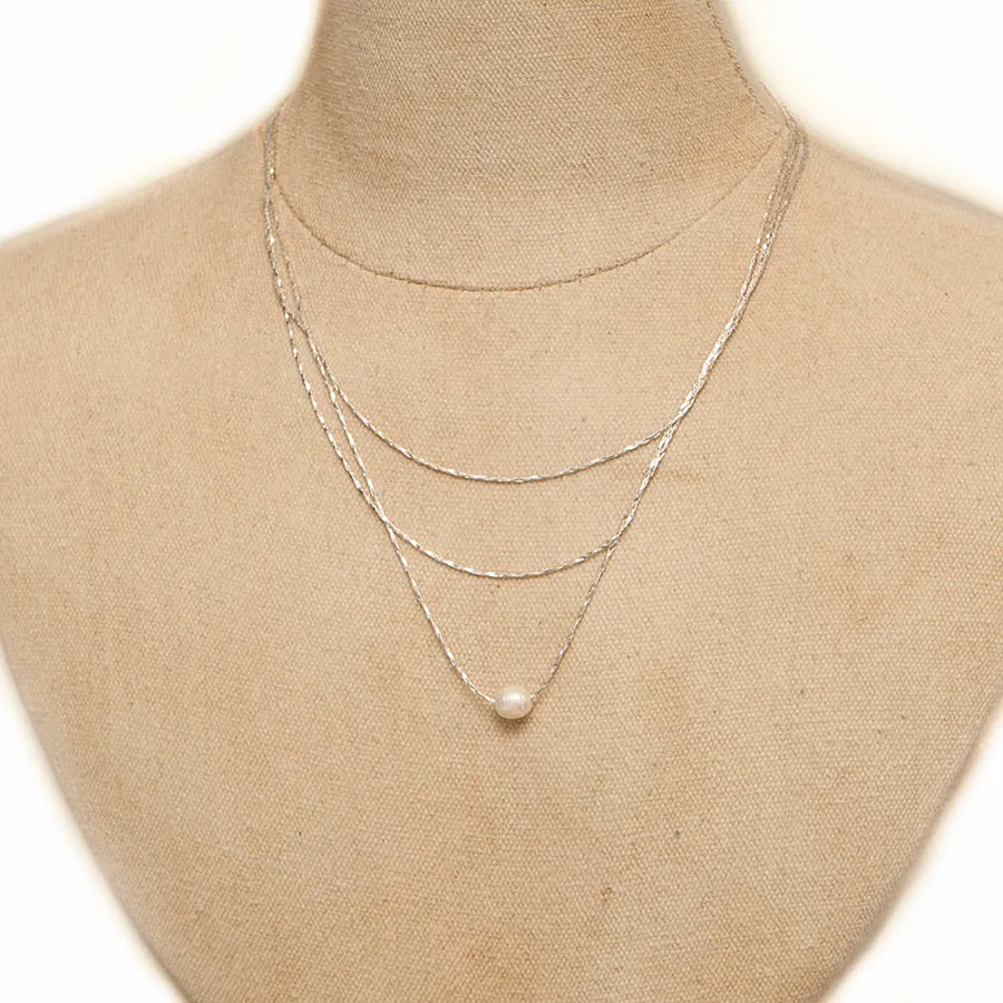 Hot Tomato Triple Layer Chain with Natural Pearl Caught Necklace in Silver Shimmer