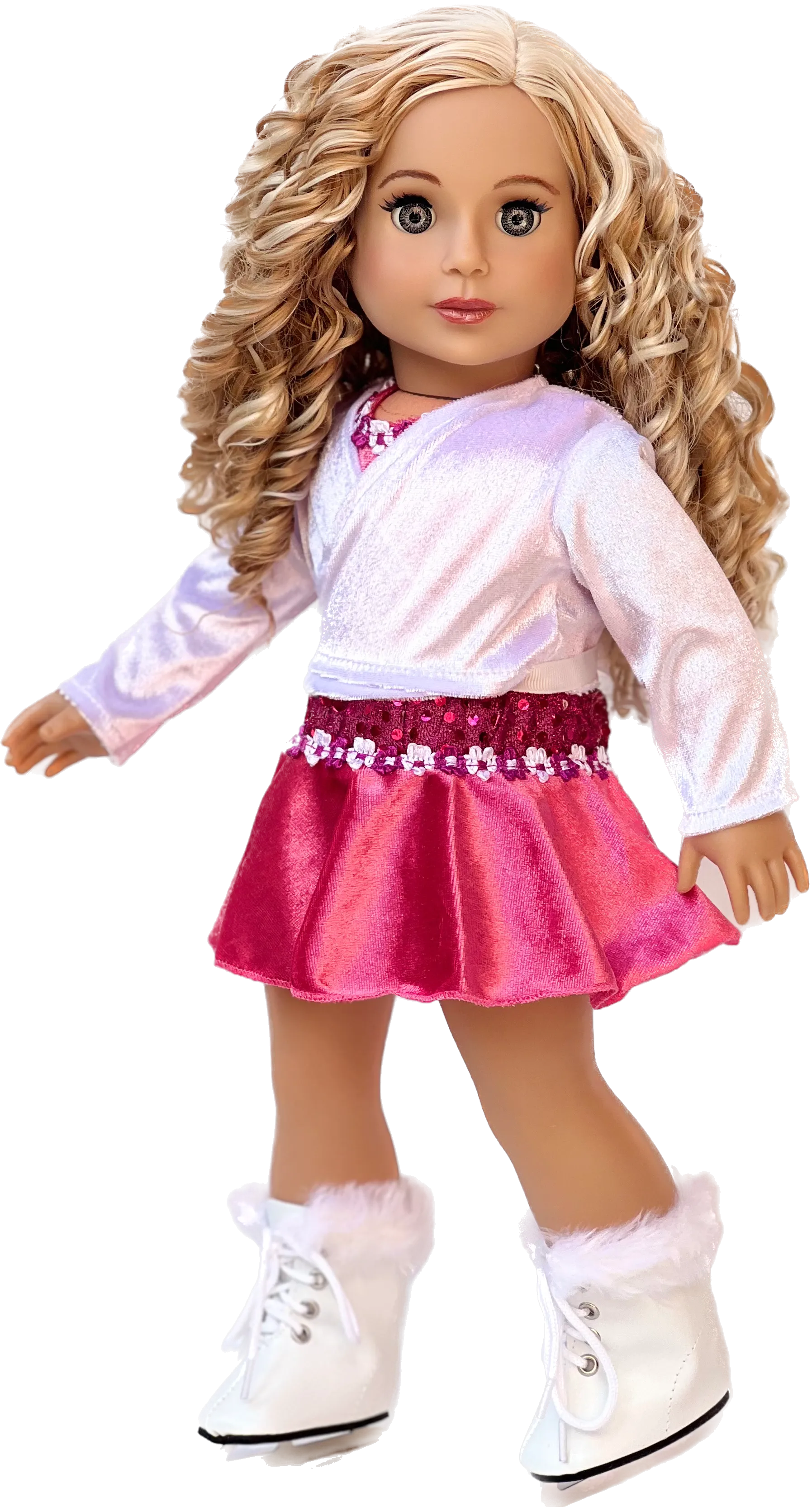 Ice Skating Girl - Clothes for 18 inch Doll - 2 in 1 Set - Hot Pink Leotard with Skirt, Ivory Warm Up Sweater and a Pair of White Ice Skates