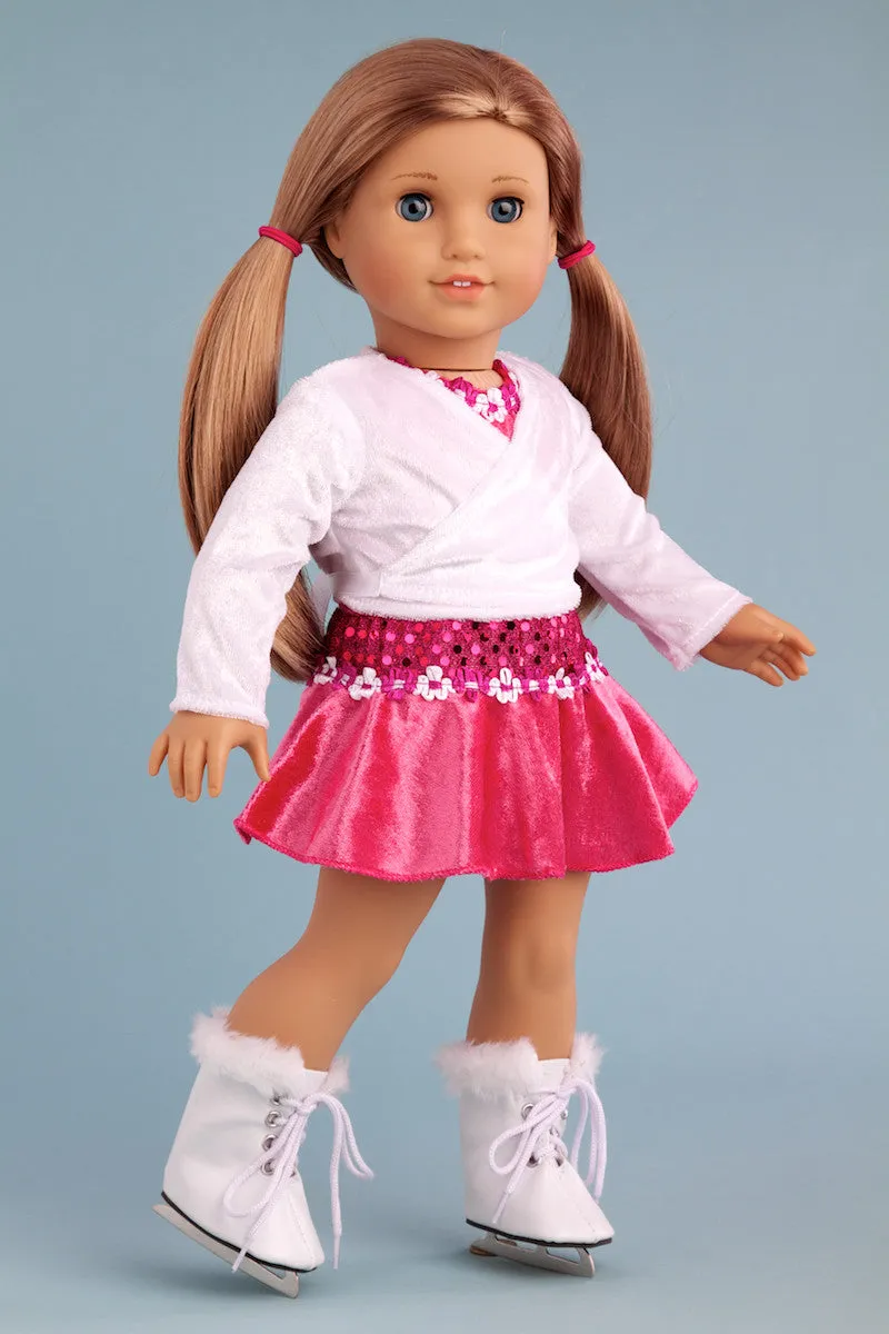 Ice Skating Girl - Clothes for 18 inch Doll - 2 in 1 Set - Hot Pink Leotard with Skirt, Ivory Warm Up Sweater and a Pair of White Ice Skates